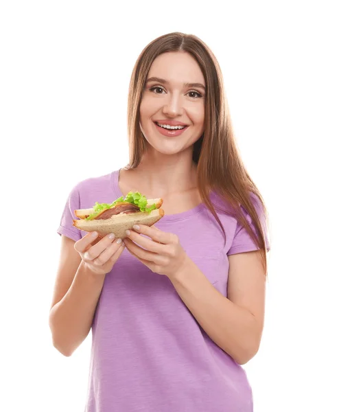 Young Woman Tasty Sandwich White Background — ストック写真