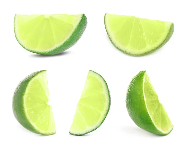 Set Lime Fresche Mature Tagliate Fondo Bianco — Foto Stock