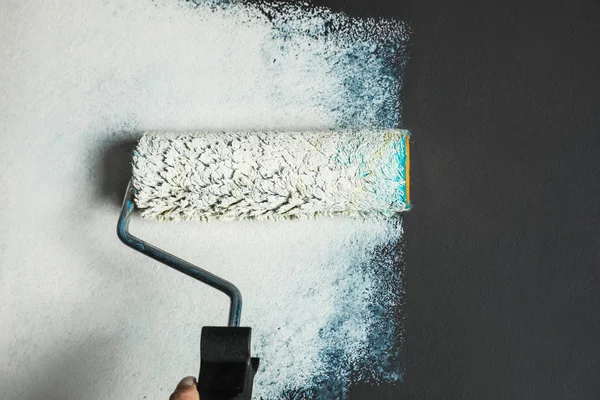 Woman painting grey wall with white dye, closeup — Stock Photo, Image