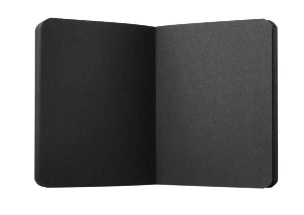 Elegante cuaderno negro abierto aislado en blanco, vista superior — Foto de Stock