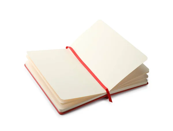 Elegante notebook aperto con fogli bianchi isolati su bianco — Foto Stock