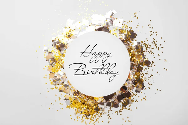 Flat Lay Composition Greeting Happy Birthday Confetti White Background — Stock Photo, Image