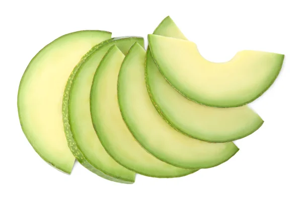 Slices Tasty Ripe Avocado White Background Top View — Stock Photo, Image