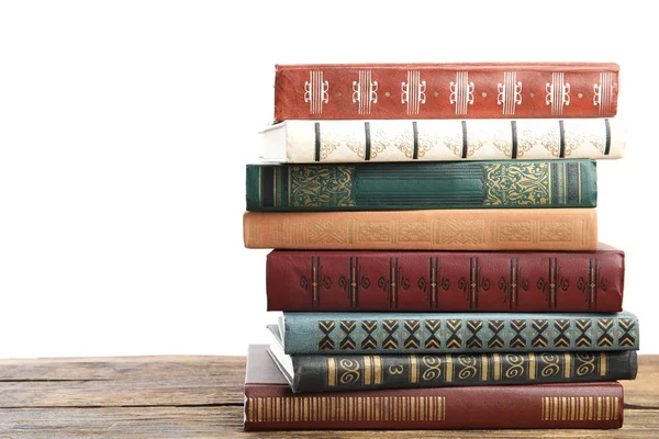 Stack Old Vintage Books Wooden Table White Background — Stock Photo, Image