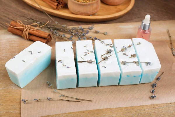 Natural Handmade Soap Lavender Wooden Table — 스톡 사진