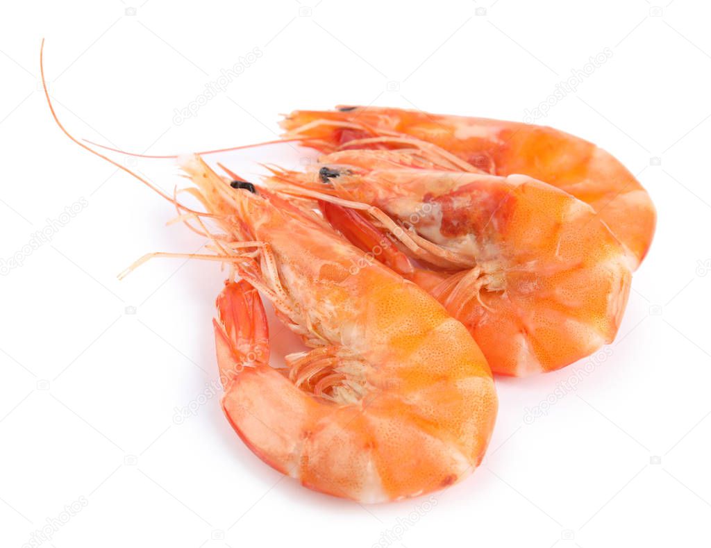 Delicious cooked whole shrimps isolated on white