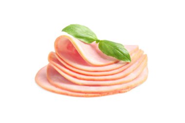 Lezzetli taze jambon dilimleri ve beyaz fesleğen.