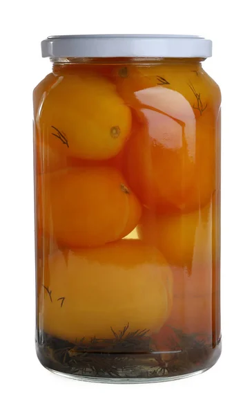 Frasco de vidro com tomates em conserva isolado em branco — Fotografia de Stock