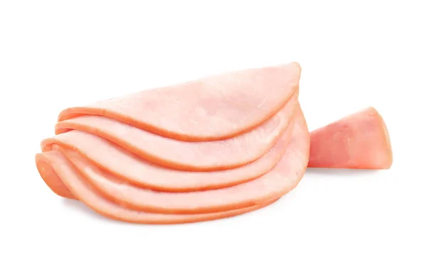 Slices of tasty fresh ham isolated on white — ストック写真