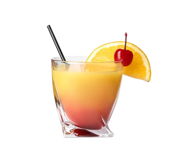 Świeży koktajl alkoholowy Tequila Sunrise izolowany na białym — Zdjęcie stockowe