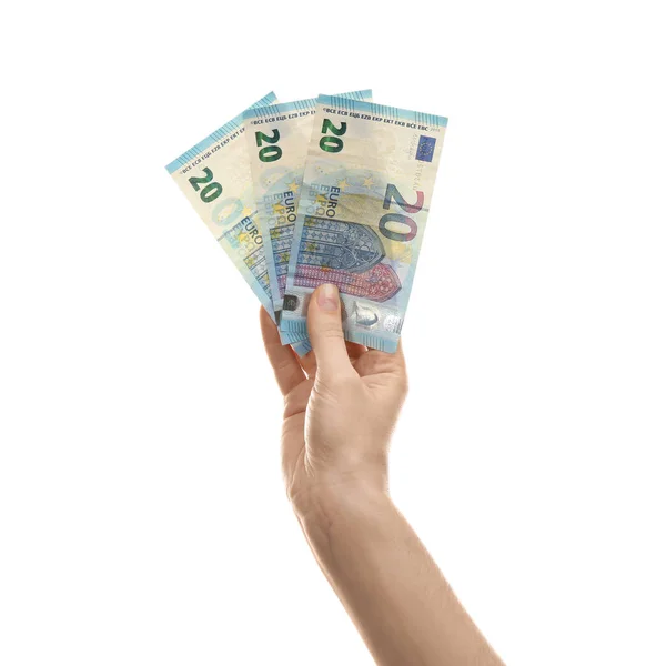Женщина с деньгами на белом фоне, крупным планом — стоковое фото