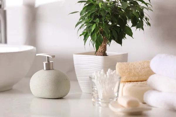 Composition Soap Dispenser Towels White Table Indoors — Stock Photo, Image