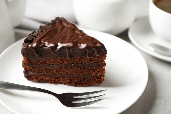 Tasty Chocolate Cake Served White Table Closeup — Stock Photo, Image