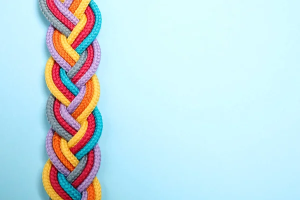Top View Braided Colorful Ropes Light Blue Background Space Text — 스톡 사진