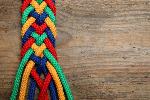Top View Braided Colorful Ropes Wooden Background Space Text Unity — 스톡 사진