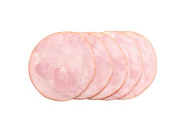 Lezzetli taze jambon dilimleri beyaza izole edilmiş, üst manzara.