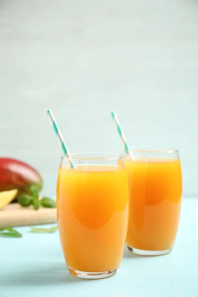 Fresh Delicious Mango Drink Light Blue Wooden Table — Stock Photo, Image