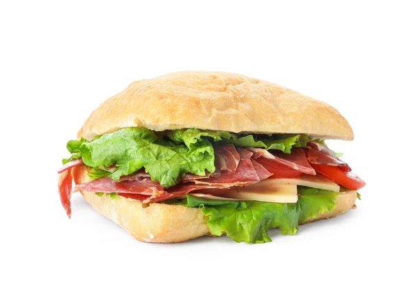 Leckeres Sandwich mit frischem Gemüse und Schinken isoliert — Stockfoto