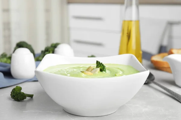 Delicious Broccoli Cream Soup Served Grey Marble Table Indoors — Stock Photo, Image