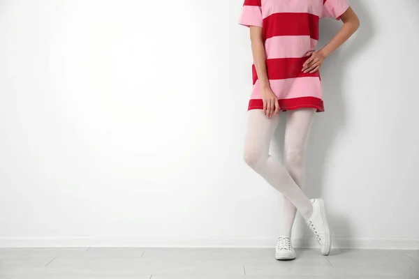 Woman Wearing Tights White Wall Closeup Space Text — 스톡 사진