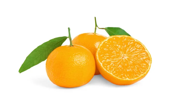 Fresh Ripe Tangerines Leaves Isolated White Citrus Fruit — Stock Photo, Image