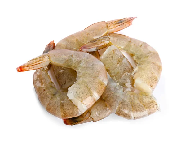 Свіжі сирі креветки ізольовані на білому, вид зверху. Здорові морепродукти — стокове фото