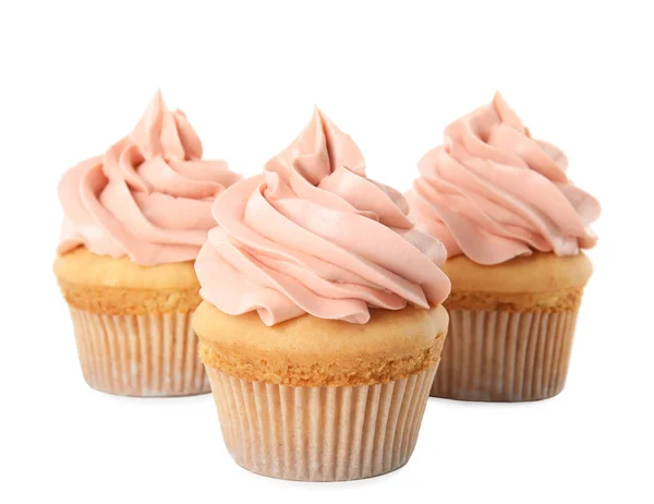Delicious birthday cupcakes decorated with cream on white backgr — 스톡 사진