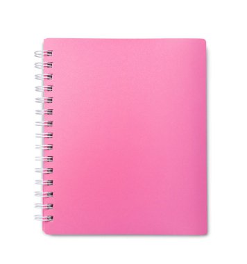 Beyaz, üst görünümde izole edilmiş zarif pembe defter