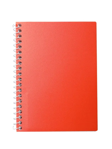 Beyaz, üst görünümde izole edilmiş şık kırmızı defter — Stok fotoğraf