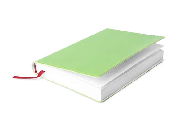 Caderno verde elegante com marcador isolado em branco — Fotografia de Stock