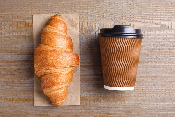 Tasty Croissant Drink Wooden Table Flat Lay — Stock Photo, Image