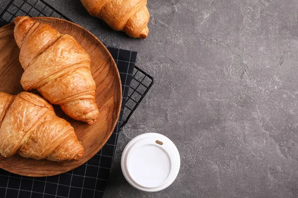 Fresh Croissants Drink Grey Table Flat Lay Space Text — Stock Photo, Image