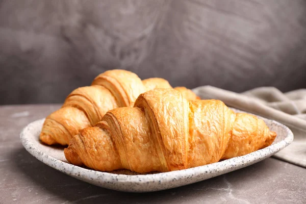 Tasty Fresh Croissants Brown Marble Table Closeup — 스톡 사진
