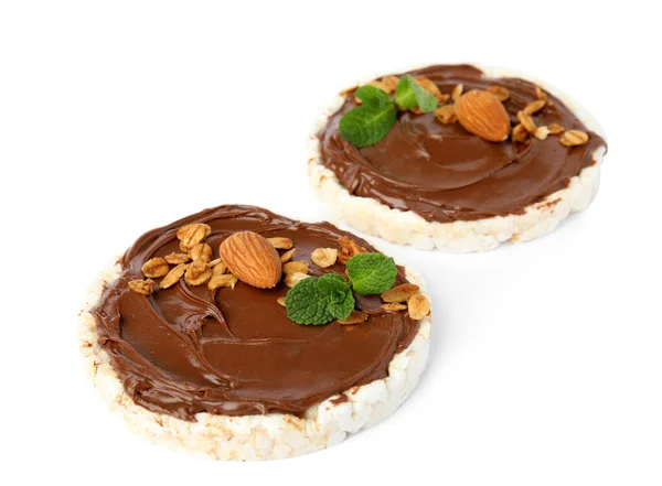 Puffed Rice Cakes Chocolate Spread Nuts Mint Isolated White — 스톡 사진