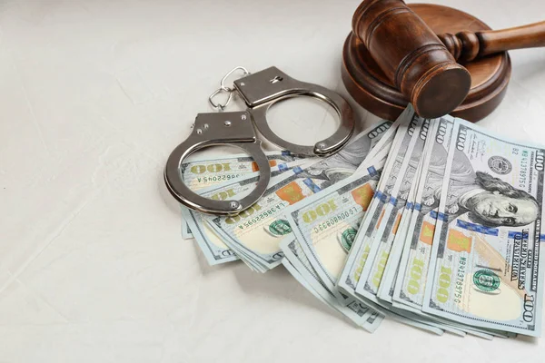 Dollar Bills Gavel Handcuffs Light Grey Stone Table Bribe Concept — Stock Photo, Image