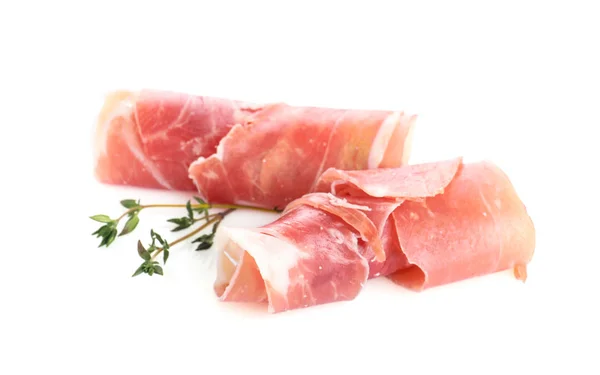 Fatias Prosciutto Saboroso Fundo Branco — Fotografia de Stock