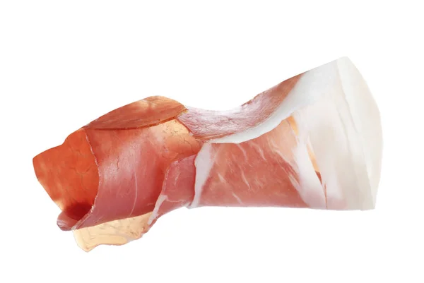 Roll of tasty prosciutto isolated on white — ストック写真