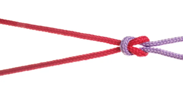 Bunte Seile Zusammengebunden Mit Knoten Isoliert Auf Weiß Einheitskonzept — Stockfoto