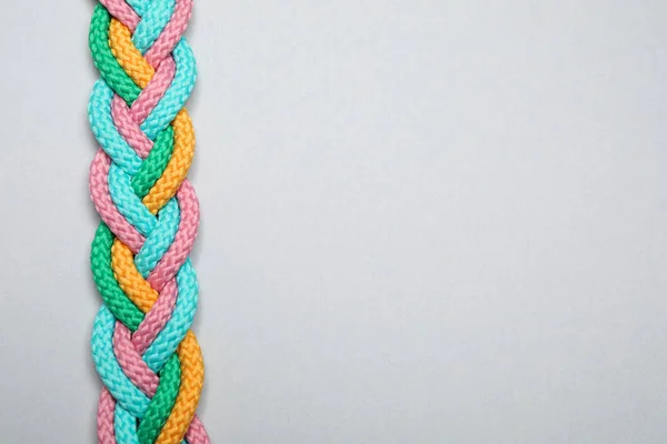 Top View Braided Colorful Ropes Light Grey Background Space Text — 스톡 사진