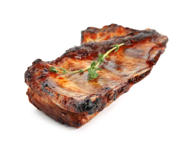 Tasty Grilled Ribs Thyme Isolated White — Stock Photo, Image