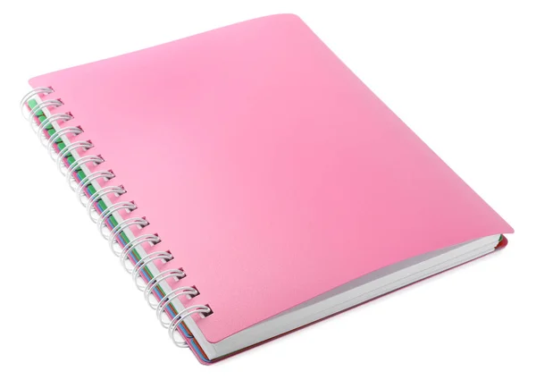 Elegante cuaderno espiral rosa aislado en blanco —  Fotos de Stock