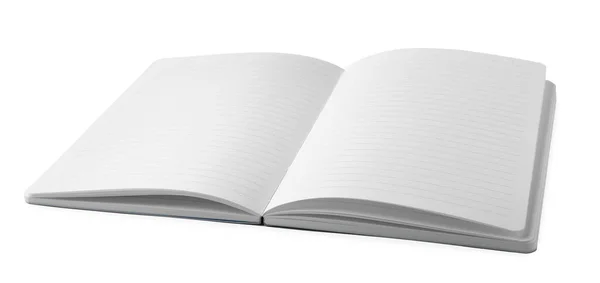 Caderno aberto elegante com folhas em branco isoladas em branco — Fotografia de Stock