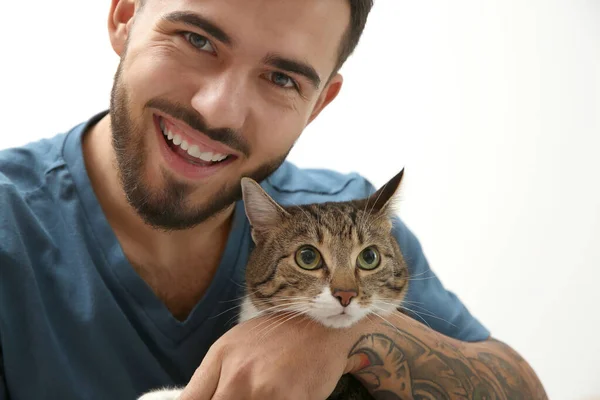 Happy Man Cat Home Friendly Pet — Stock Photo, Image