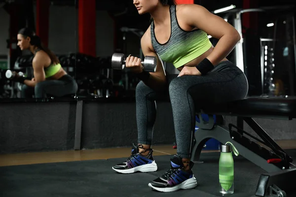 Young Woman Working Out Dumbbell Modern Gym Closeup — 스톡 사진