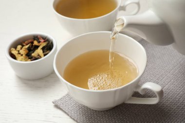 Yeşil çayı beyaz ahşap masaya dök.