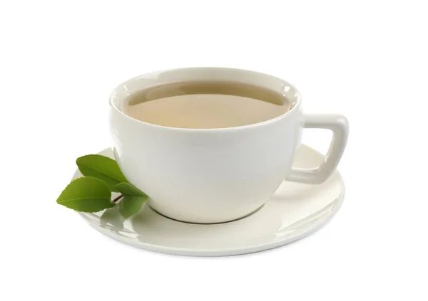 Чашка Зеленого Чая Листья Изолированы Белом — стоковое фото