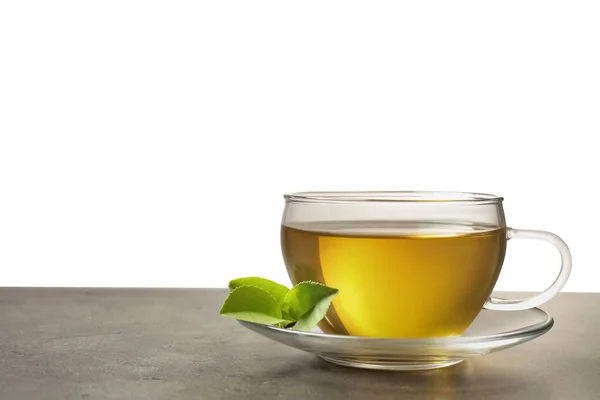 Cup Green Tea Leaves Grey Table — 스톡 사진