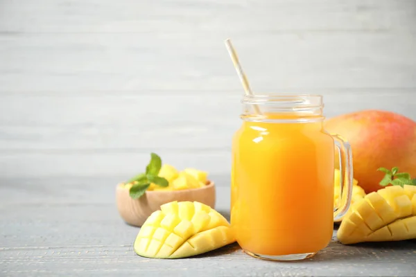 Fresh Delicious Mango Drink Wooden Table Space Text — ストック写真