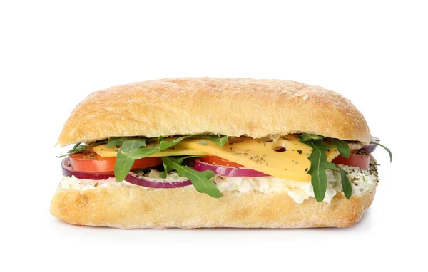 Delicioso sanduíche com legumes frescos e queijo isolado em — Fotografia de Stock
