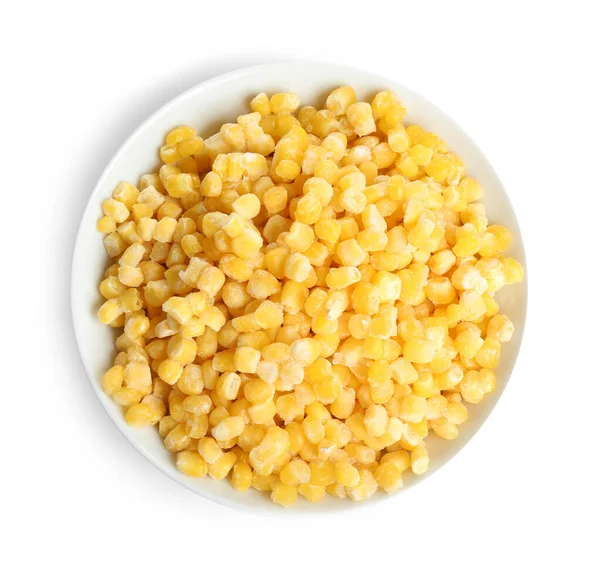 Gefrorenen Mais in Schale isoliert auf weiß, Ansicht von oben. Gemüseanbau — Stockfoto